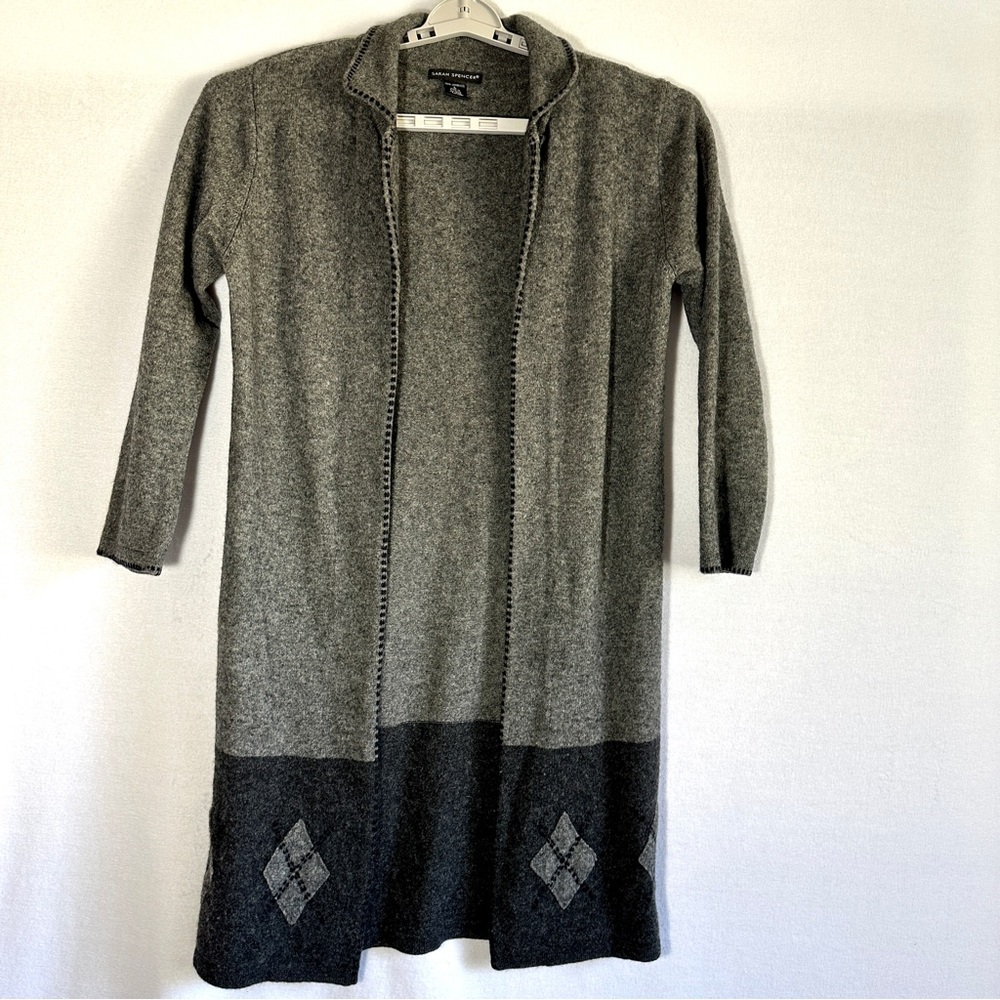 SARAH SPENCER gray lambswool cardigan L argyle duster open front wool